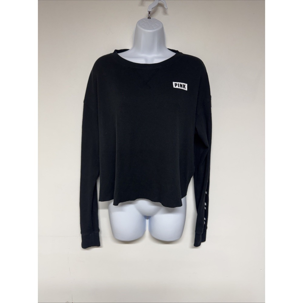 PINK Victoria's Secret Black Long Sleeve Crop Top Waffle Knit Raw Hem Small